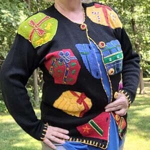 Vintage Victoria Harbour Holiday Presents Embellished Applique Cardigan size Med